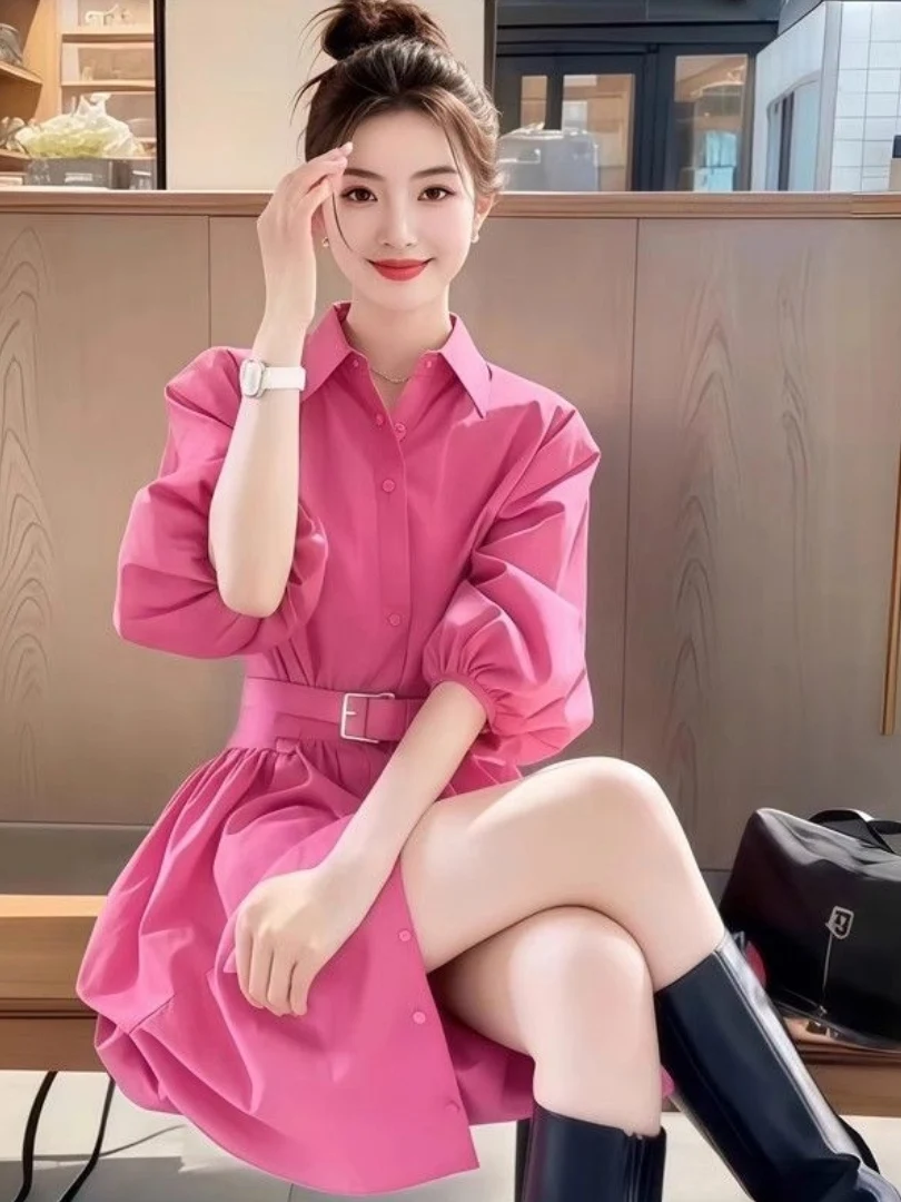 

Spring 2026 Faionable Chic Pink irt Dr Waist Cinched Slimming ort Dr Casual Pure Color Button up A-Line Skirt