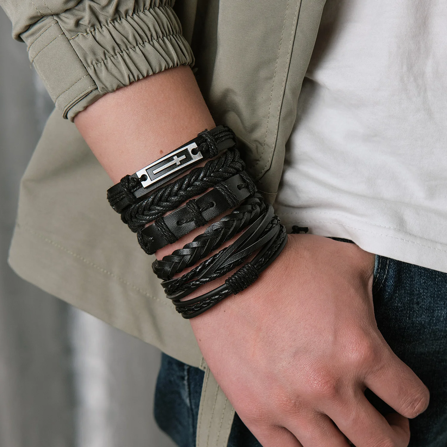 Trendy Braided Wrap Leather Bracelets Men Vintage Cross Dumbbell Guitar Charm Wood Beads Male Wristbands Jewelry Pulsera Hombre