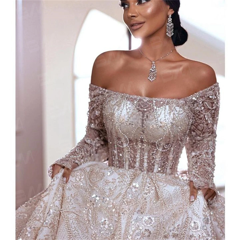 Luxury Off-Shoulder Long Sleeve Wedding Gown Sequined Appliques Beaded Bridal Dresses Bride To Be 2024 Robe De Mariée