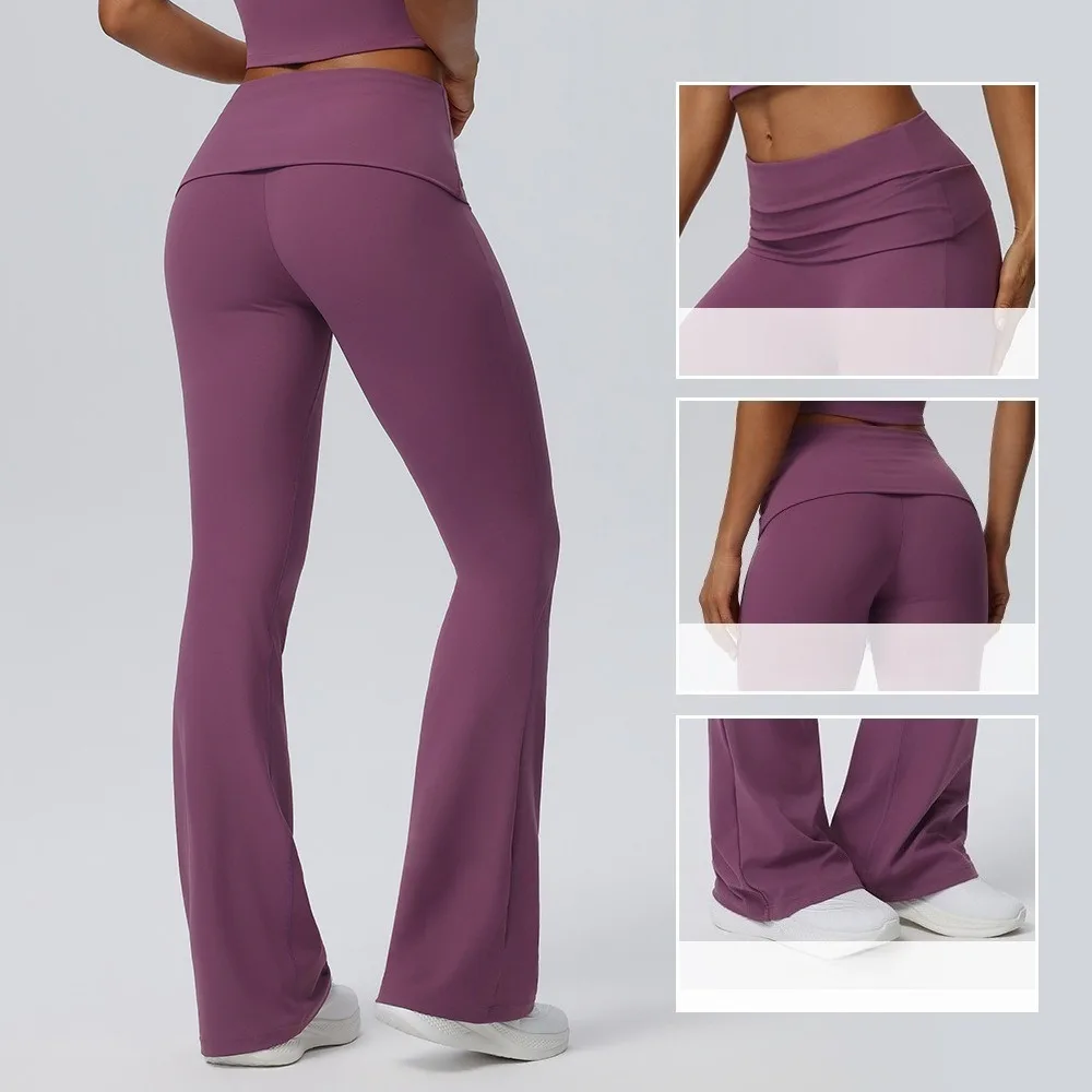 Fold Over Waist Skin-Friendly Flare Pants, Stretch Yoga Trousers, Women Outdoor Running Fitness Wear