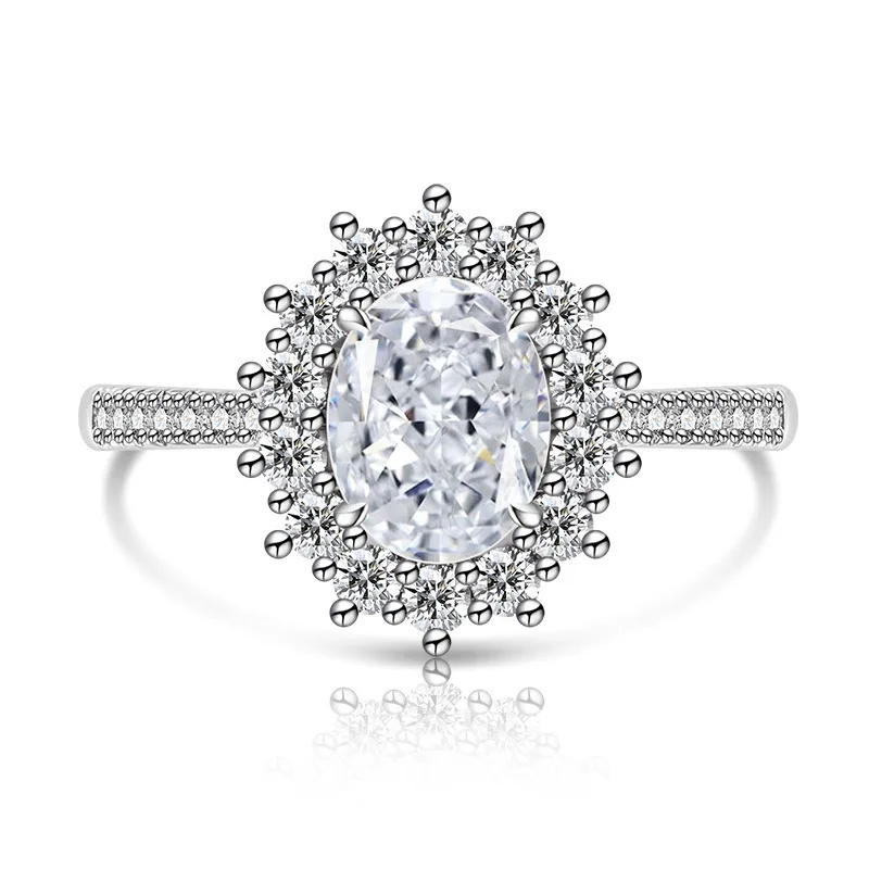 925 Sterling Silber Mode Luxus-Ring mit Eisblumen-Schliff, Taubenei-Sonnenblumen-Kristall und Zirkon für Damen, Schmuckgeschenk – Detail 9