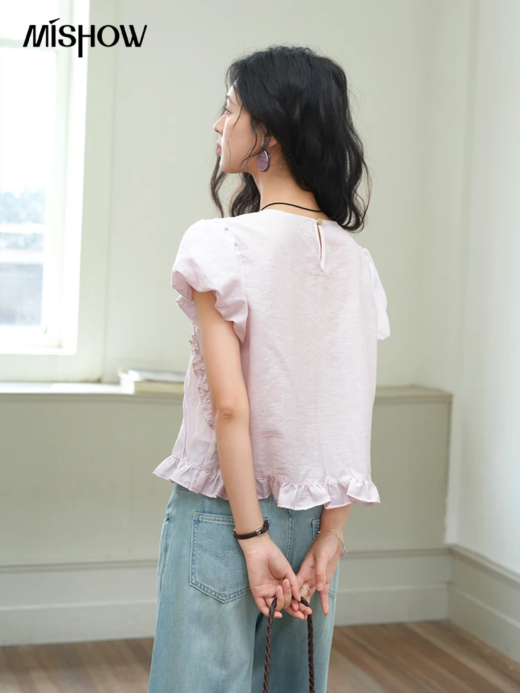 MISHOW Fashion Fungus Edge Puff Sleeve Blouses for Woman 2025 Summer O-Neck French Sweet Loose Top Ladies Clothing MXE39X1941