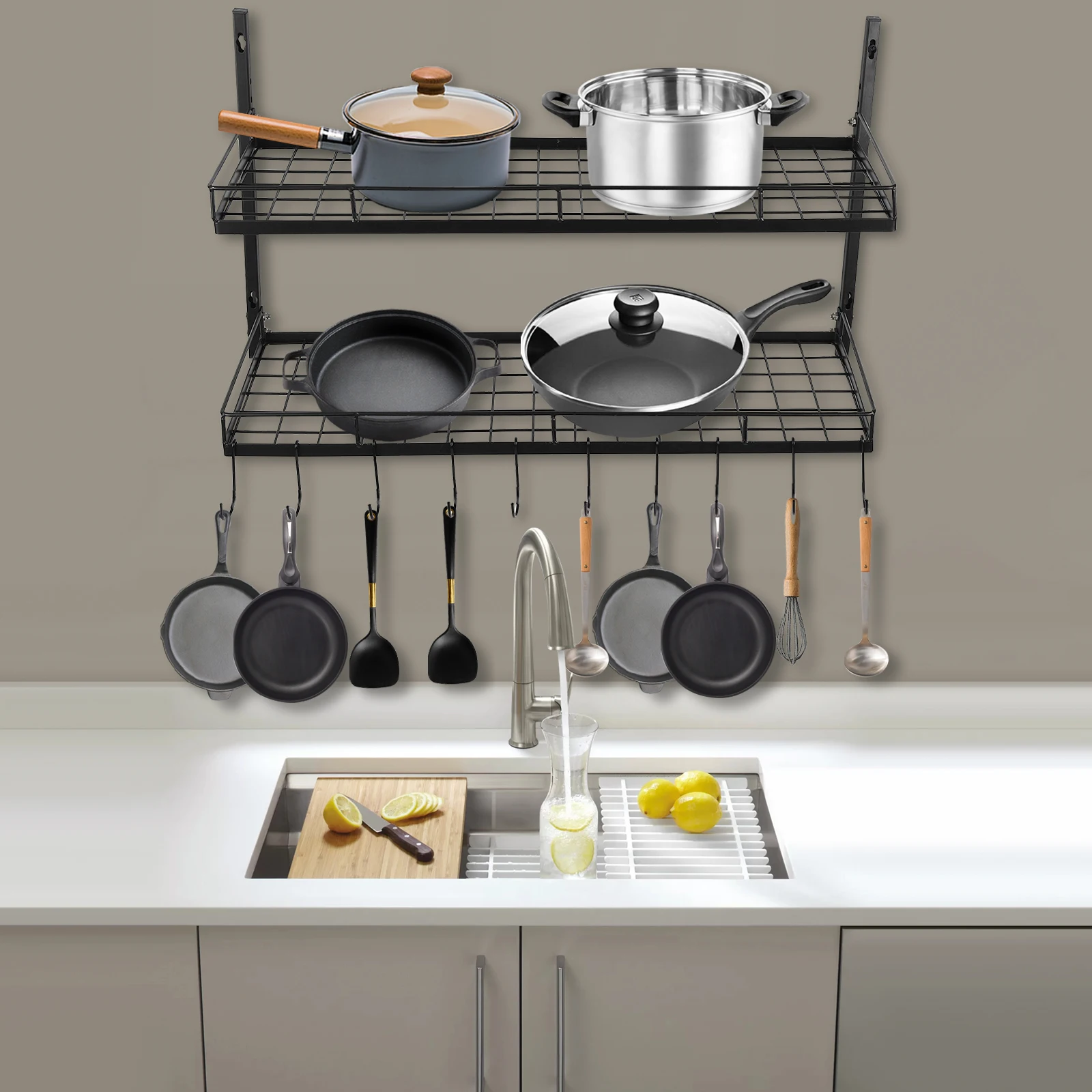 

2 Tiers Pot and Pan Hanging Rack with 10 Hooks Wall Mounted Kitchen Pan and Pot Hanger Hanging Pot Rack for Pot Storage Rack