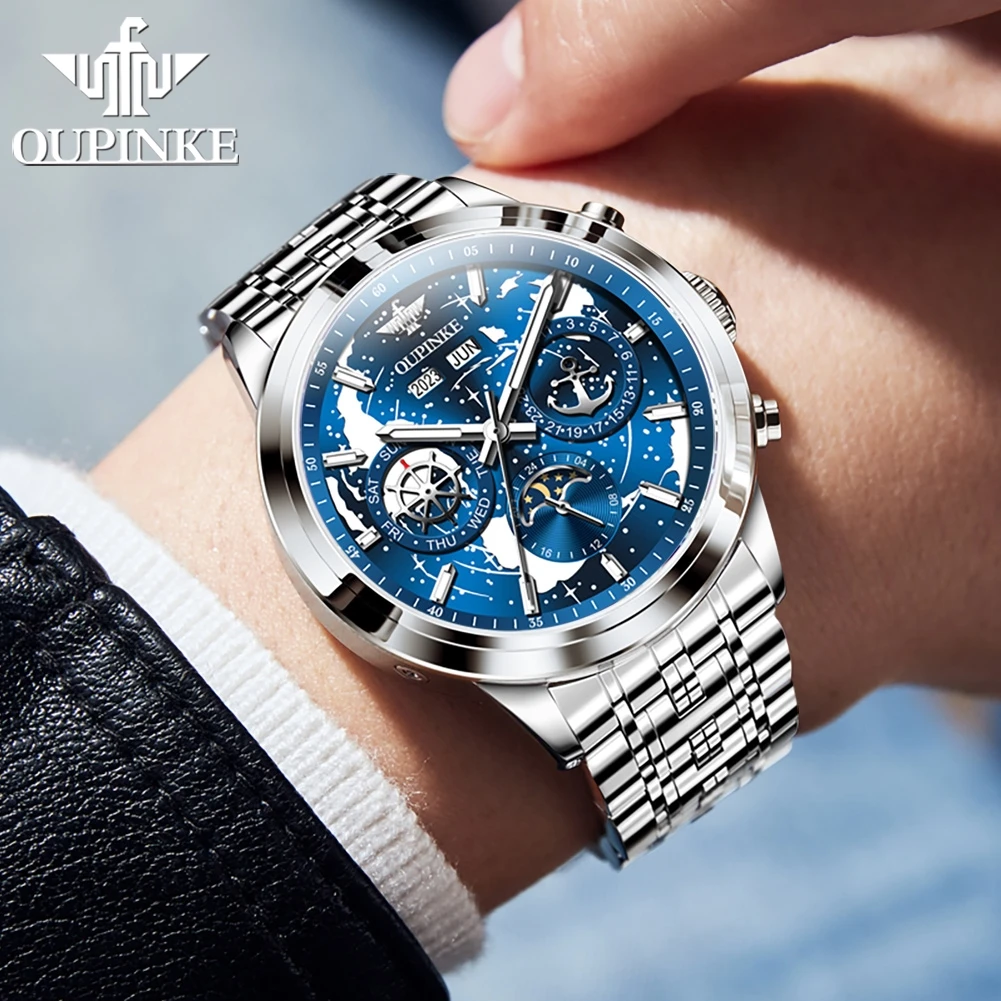 OUPINKE 3256 Orologio da uomo Luxury Brand Cielo stellato Fasi lunari Orologio impermeabile Cool Orologio meccanico automatico da uomo Orologio formale