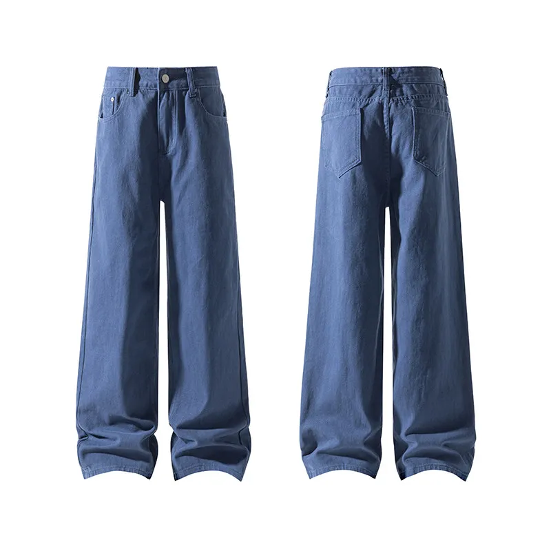 Waed Pure Cotton Wide Leg Straight Leg Men's Jeans Casual Versatile mid Waist Button Closure Spring Autumn Loose Fit