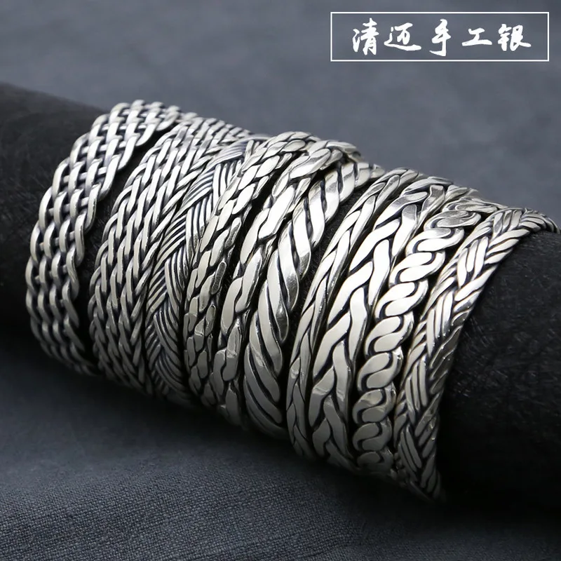 S925 Jewelry Handmade Men And Women, Braided Rope Thai Silver Open Bracelet