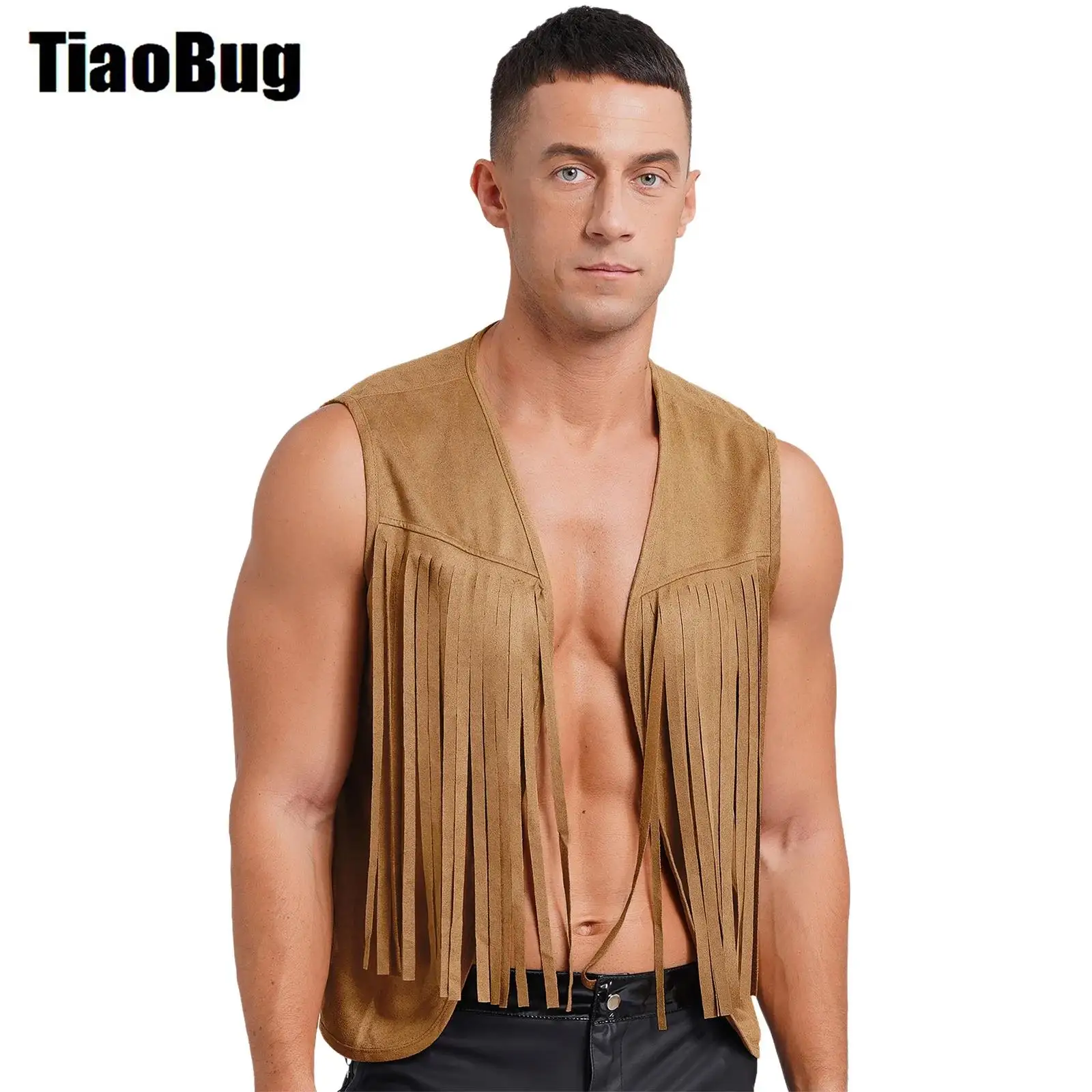 

Mens Tassels Hippy Short Waistcoat Cowboy Vest Vintage Open Front Loose Suede Tank Top Western Costumes for Halloween