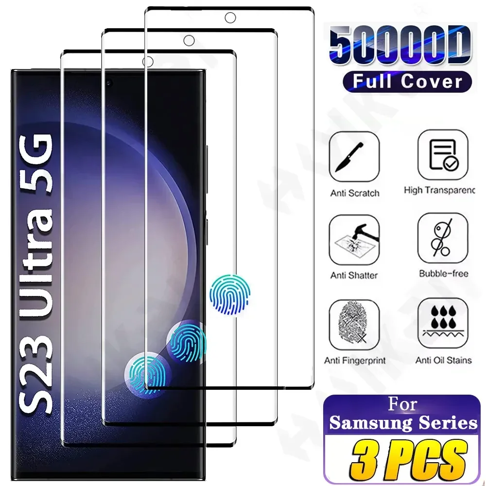 

3 Pcs Tempered Glass For Samsung Galaxy S24 S23 S22 S21 Ultra Note 20 A54 A34 A14 A13 4G 5G Curved Full Cover Screen Protector