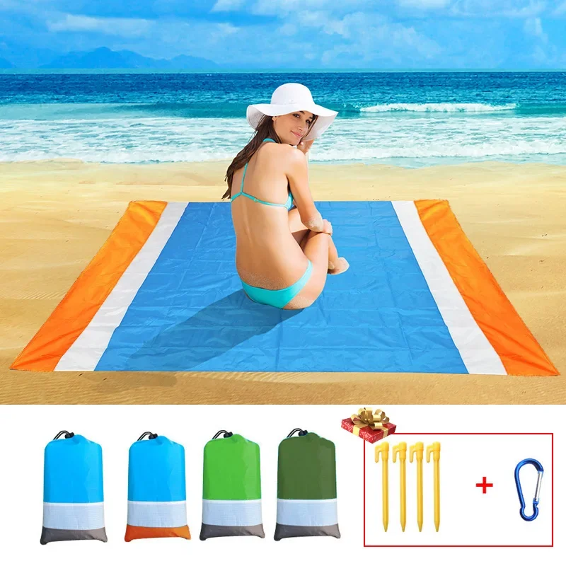 200x210CM Large Beach Towel  Anti Sand-free Beach Mat Anti Sand Beach Blanket Pocket Picnic 4 Anchor Wind Prevent Sand Proof Mat