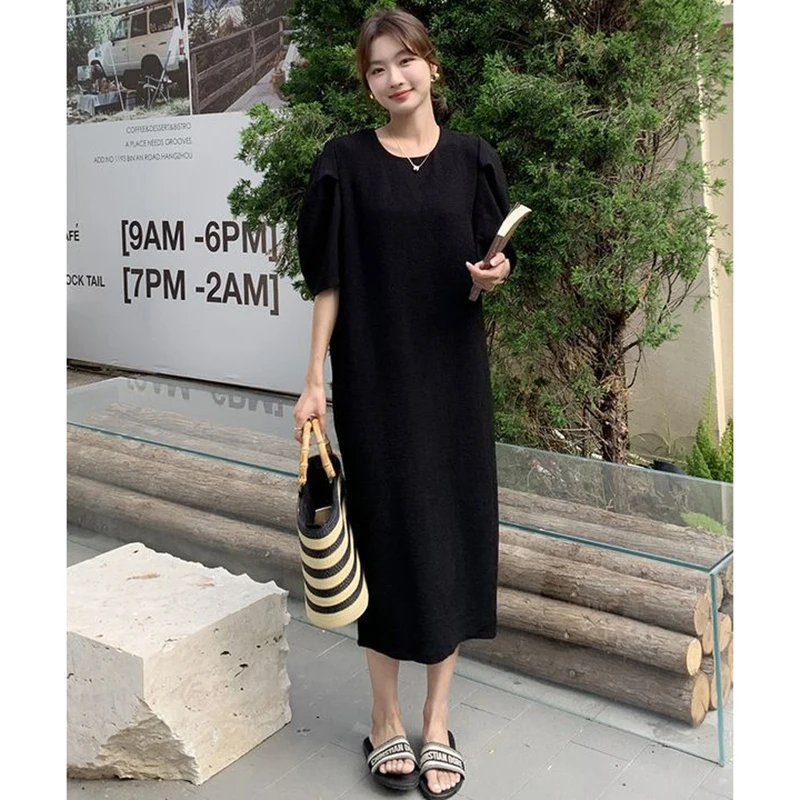 Fashion O-Neck Loose Solid Color Puff Sleeve Casual Dress Female Clothing 2024 Summer New Oversized All-match Princess Dress