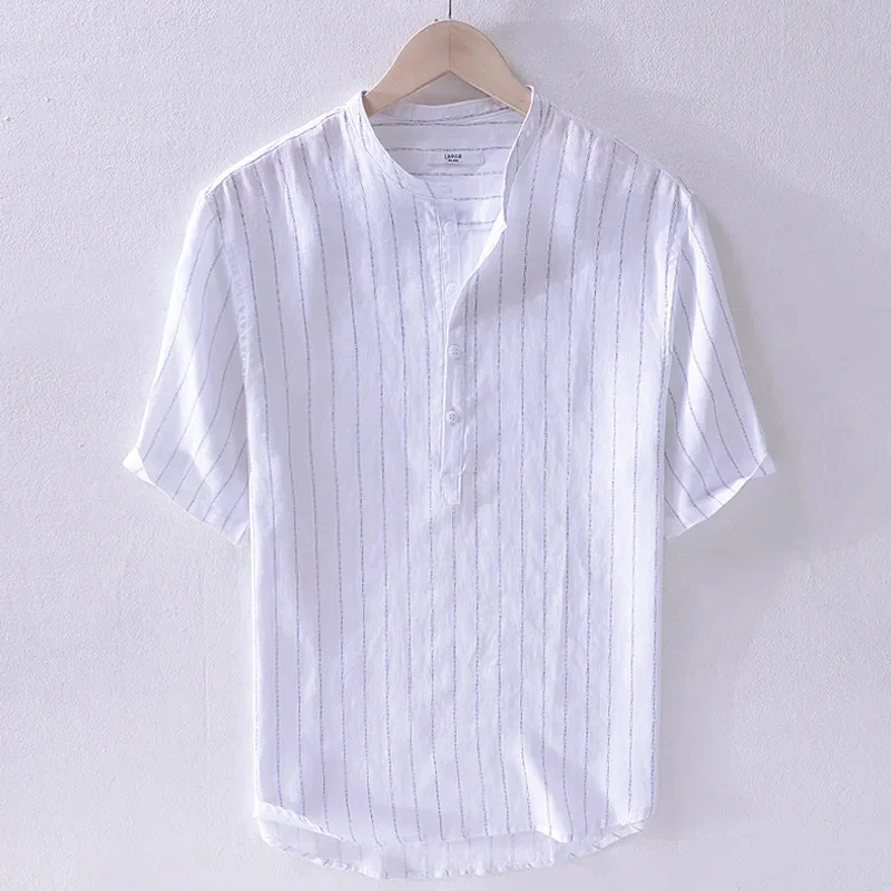 Summer Men's Stripe Short Sleeve Stand Collar Shirt Outdoor Trekking Labor Students Travel Hiking Loose Casual Cotton Linen Tops