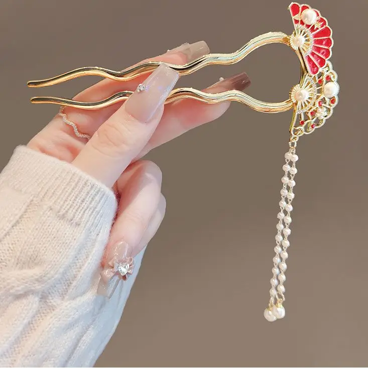 Chinese Style Lucky Auspicious Folding Fan U Shaped Hairpin Pearl Tassel Hair Stick Vintage Hanfu Hair Accessory For Women Bless