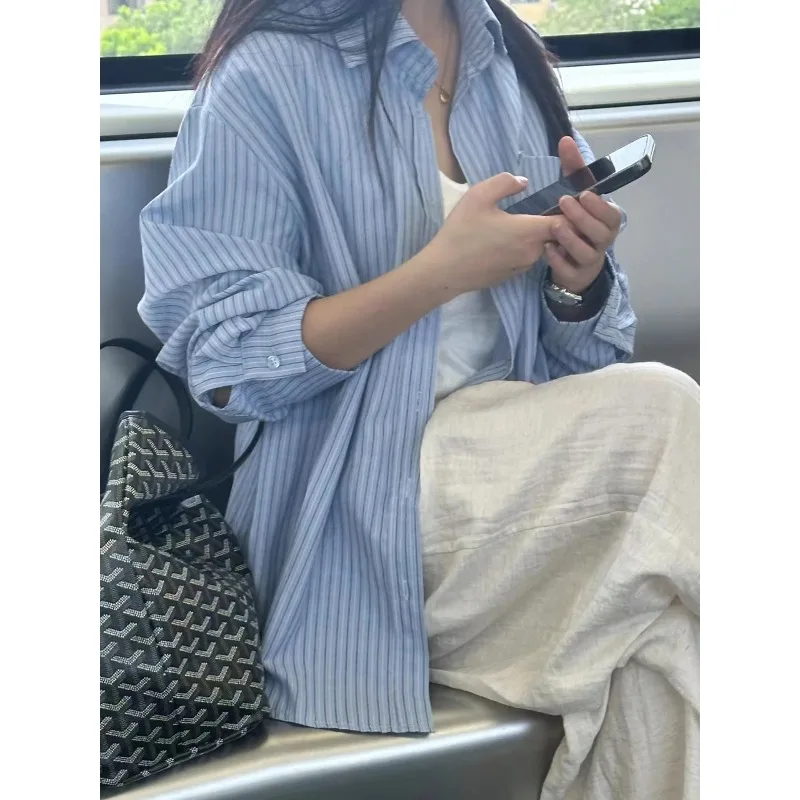 

Loose Casual Blue Striped Irt Women's Early Autumn Long Sve Irt Coat Design Sense Lazy Sle Plus Size TT282