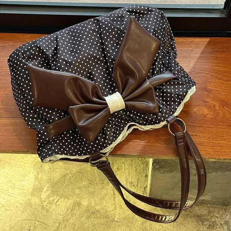 

Ретро-сумка-тоут с бантом и принтом в горошек для женщин, корейская повседневная модная сумка через плечо в стиле Y2K, вместительная холщовая сумка для поездок на работу