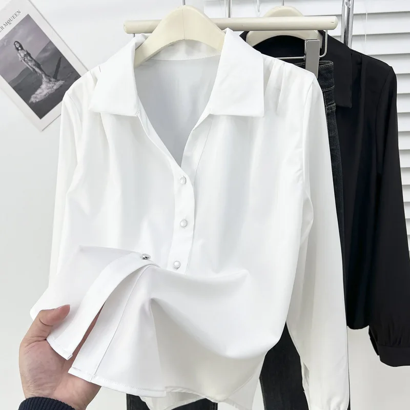 

Spring Plus Size Blouses New 100KG Stylish Fold Shoulder Small V-neck Long Sleeved Women's Casual Shirt 6608