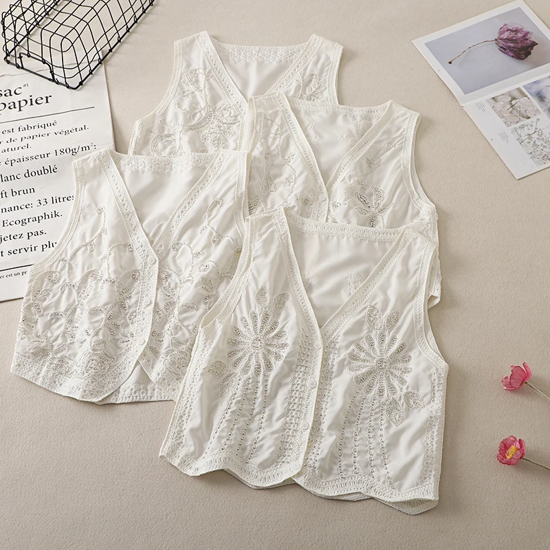 Elegant Women Fashion V-neck Floral Beading White Vest Summer Crochet Lace-Trim Boho Style Short Jacket Waistcoat Cover Up Top