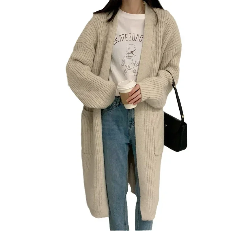 2023 Women Solid Full Sleeve Sweaters Long Coats V Neck Knitted Thick Mid Length Cardigan Splice Loose Casual Autumn Winter