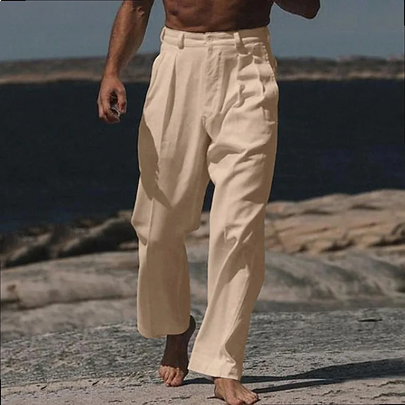 Men's linen high quality solid color diagonal pocket breathable for daily casual pants