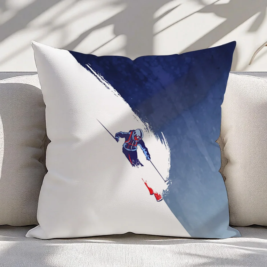 1pc Retro Ski Print Throw Pillow Cover Double Sided Zipper Polyester 16x16 18x18 20x20 Inch Sofa Bed Winter Decor