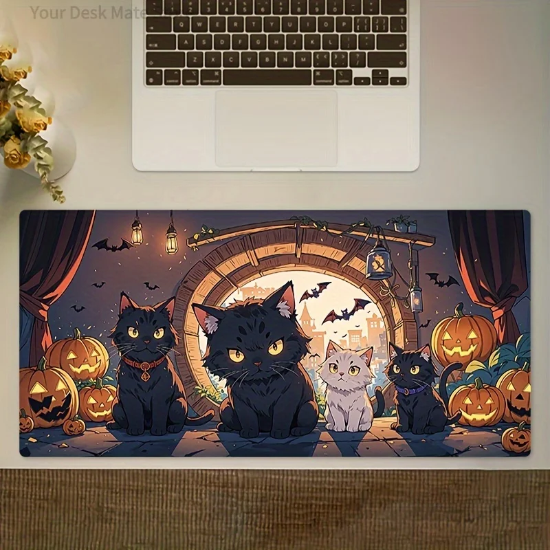 Cute Halloween Cat Mouse Pad – Witch Kitty, Pumpkins & Ghosts XXL Desk Mat for PC Laptop Gaming Office Decor