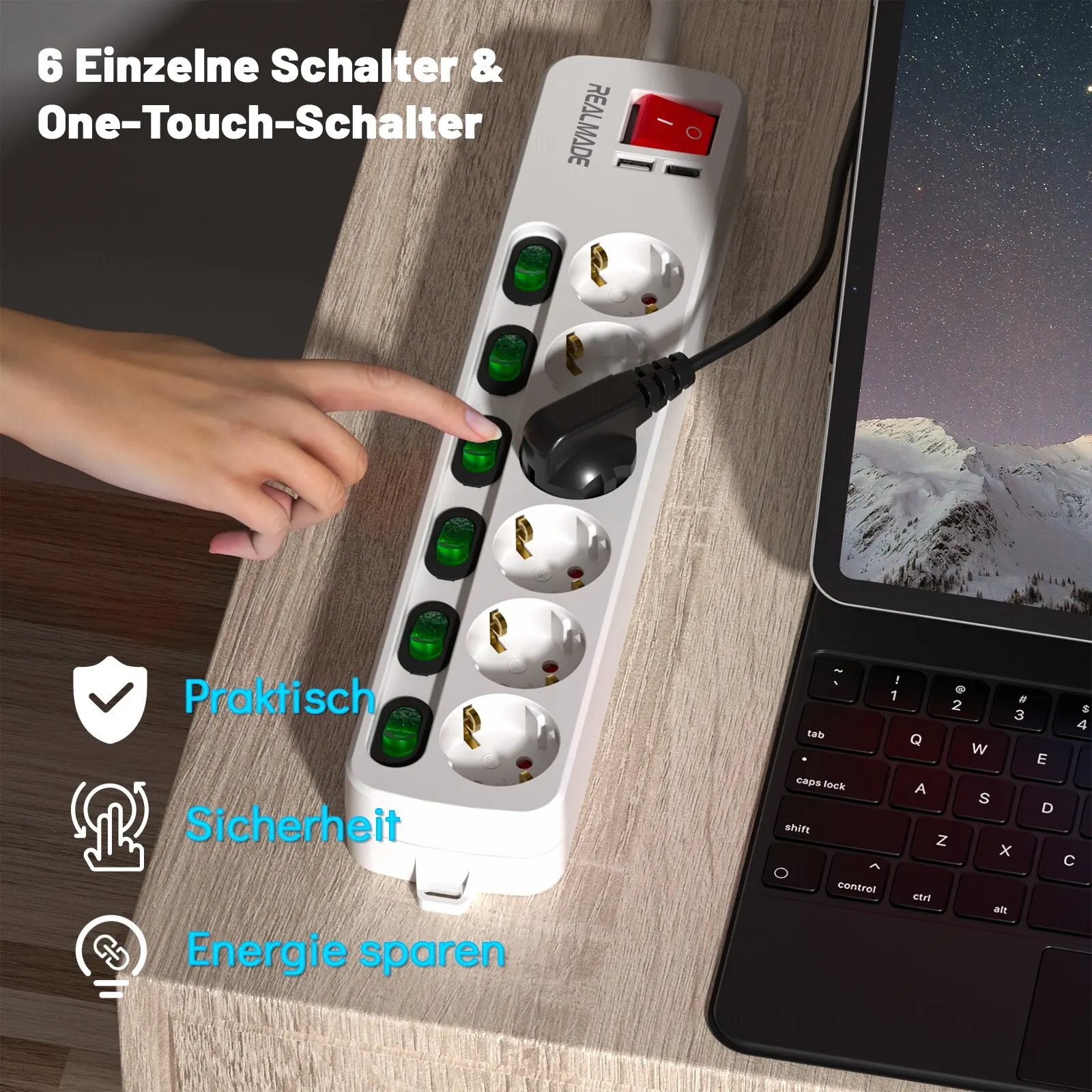 Tira de alimentación de 6 vías con interruptor Individual, Cable de extensión eléctrico de 2M con USB y tipo C, enchufe eléctrico montable en la pared