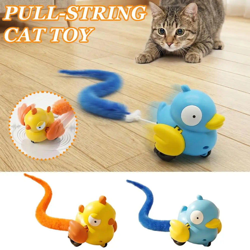 Pull String Bird Cat Toy Wiggling Tail Flapping Wings Interactive Kitten Toy Indoor Pet Exercise Toy