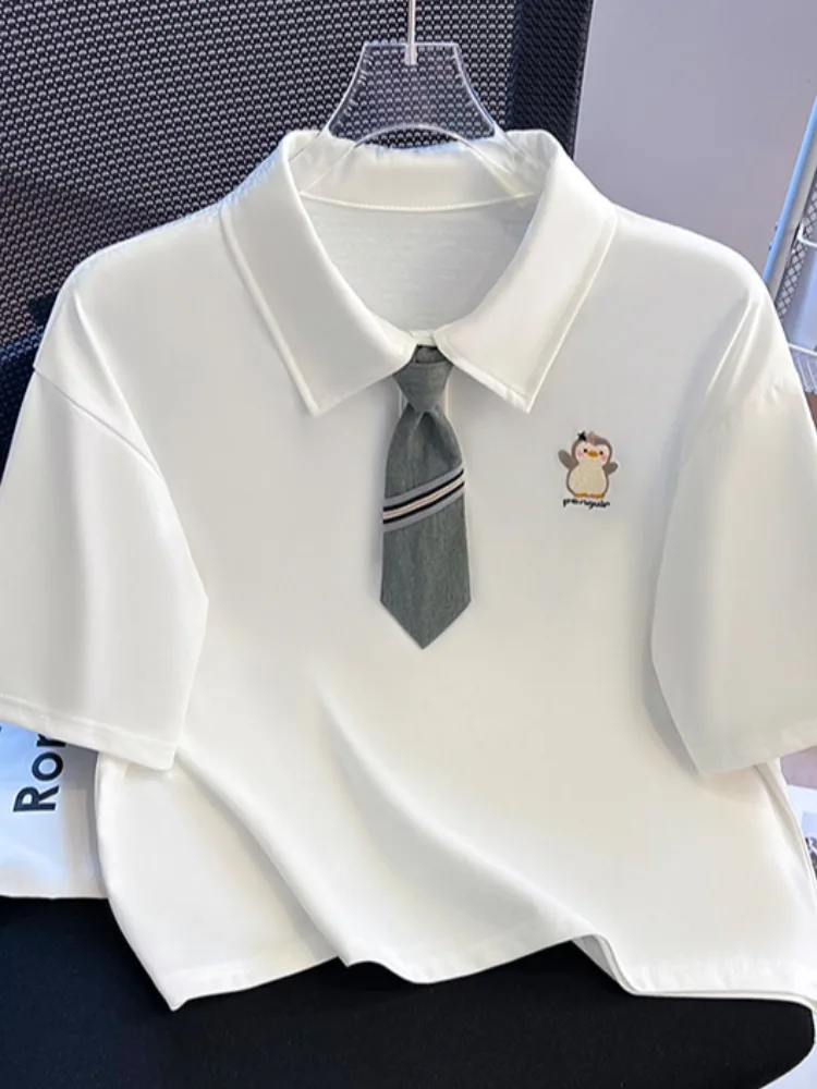 

Summer Ne ort Sve T-irt Women's Loose Fit Self-Kee Sle Korean Version Embroidered Decorated Cotton Blend