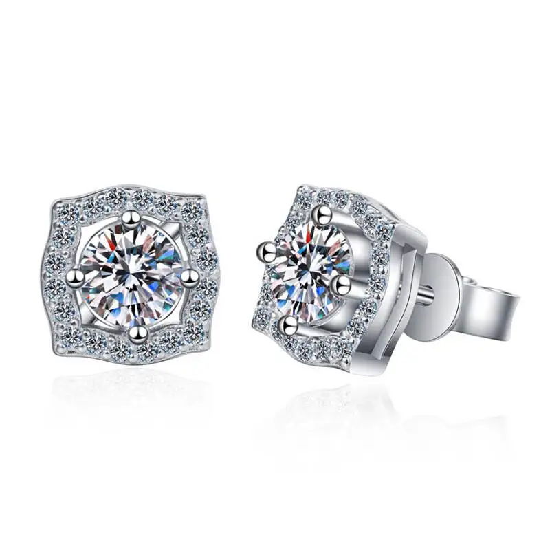 

925 Sterling Silver D VVS1 Moissanite Halo Stud Earrings Four Corner Frame Solitaire Earrings For Women
