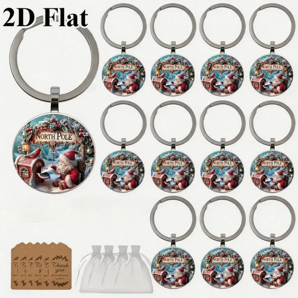 6-60Sets 2D Flat North Pole Santa Claus Metal Keychain Round Time Gem Pendant Snow Bird Mailbox Print Car Bag Xmas Gift