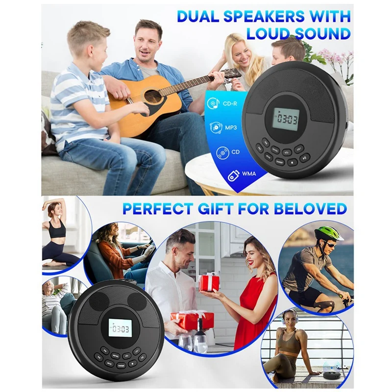 ABGZ-Portable Bluetooth CD Player Rechargeable Discman With Dual Speakers And Headphones Walkman Cd Player Mp3 Player