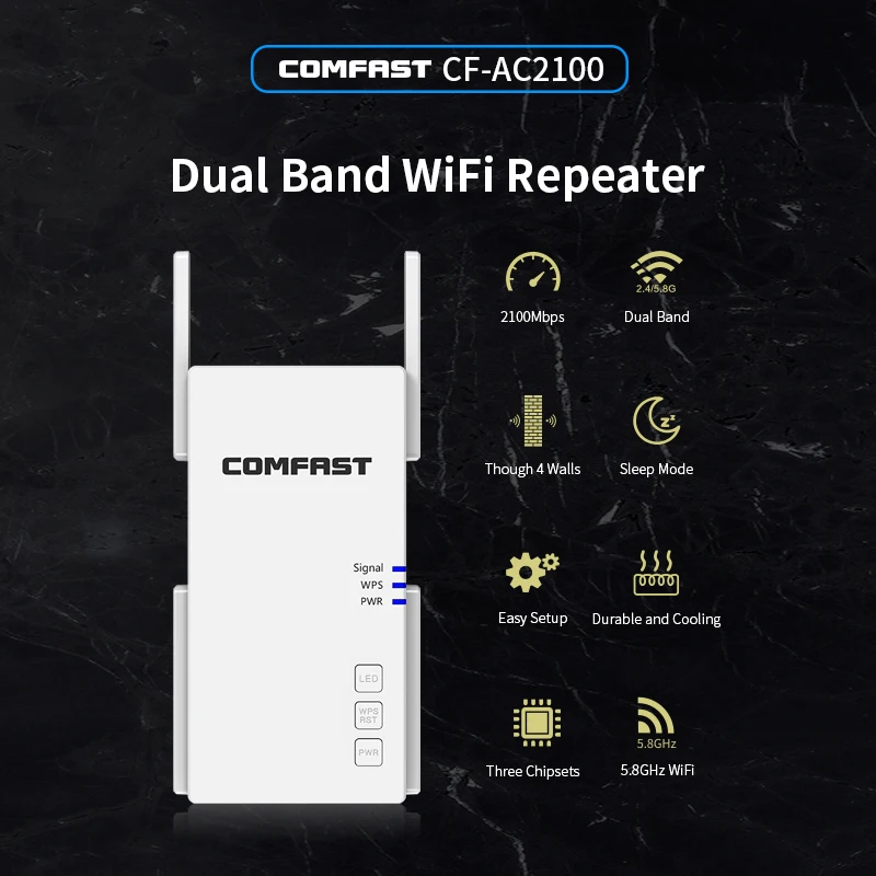 Imagem -04 - Gigabit Ac2100 Mbps Repetidor Wi-fi Ghz Repetidor 2.4g e 5.8g Dual Band Gigabit Ac2100 Amplificador Wi-fi Impulsionador com Antenas