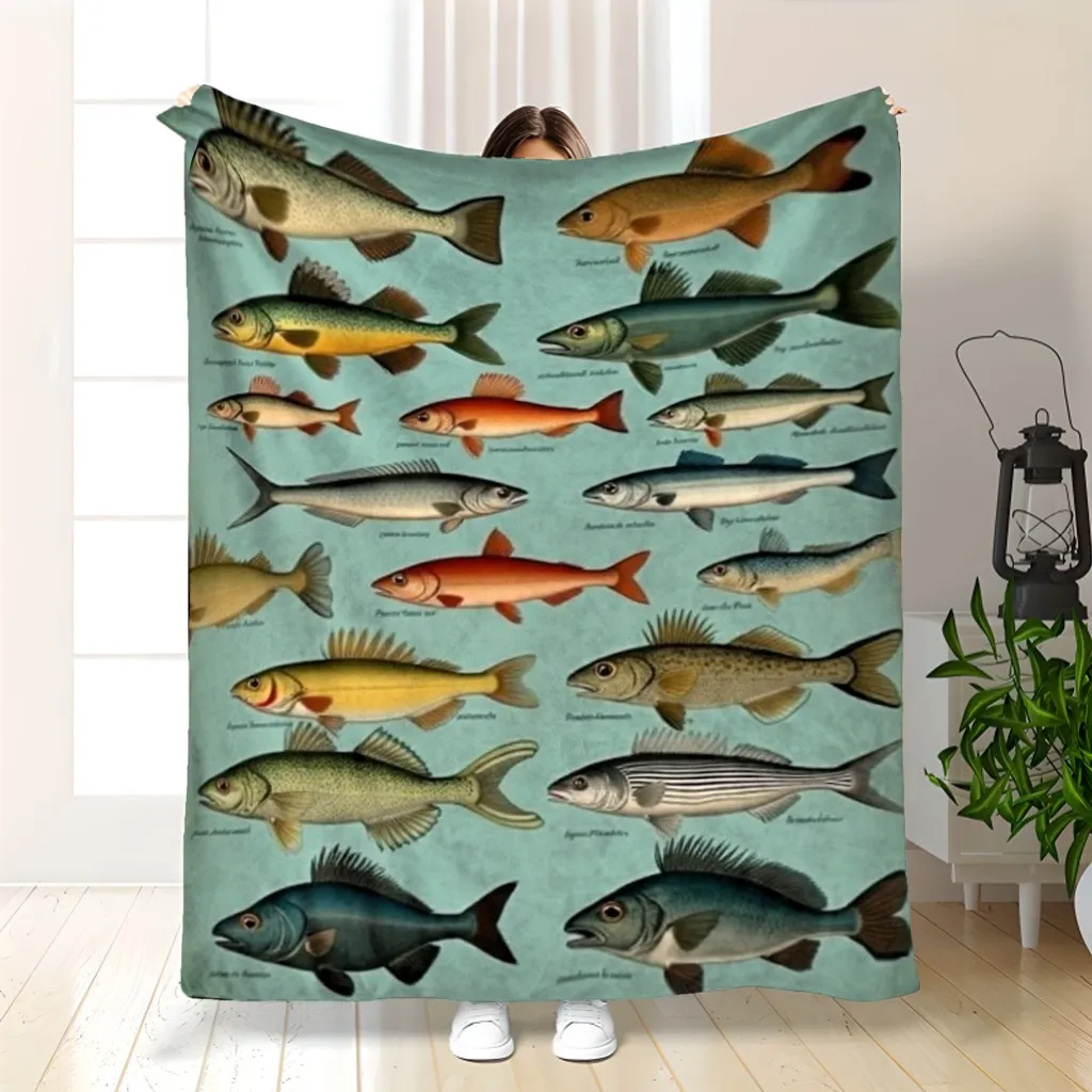 1pc Soft Plush Flannel Throw Blanket - Realistic Trout, Bass, Pike, Salmon Fish Design - All-Season Lightweight & Warm Bedspread