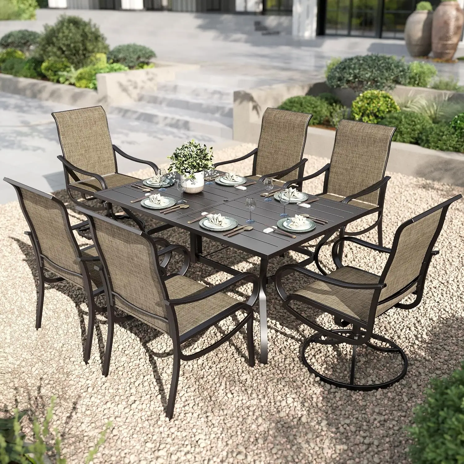 7 Pcs Outdoor Dining Set, Mesh Patio Chairs & Metal Table for 6, Customized