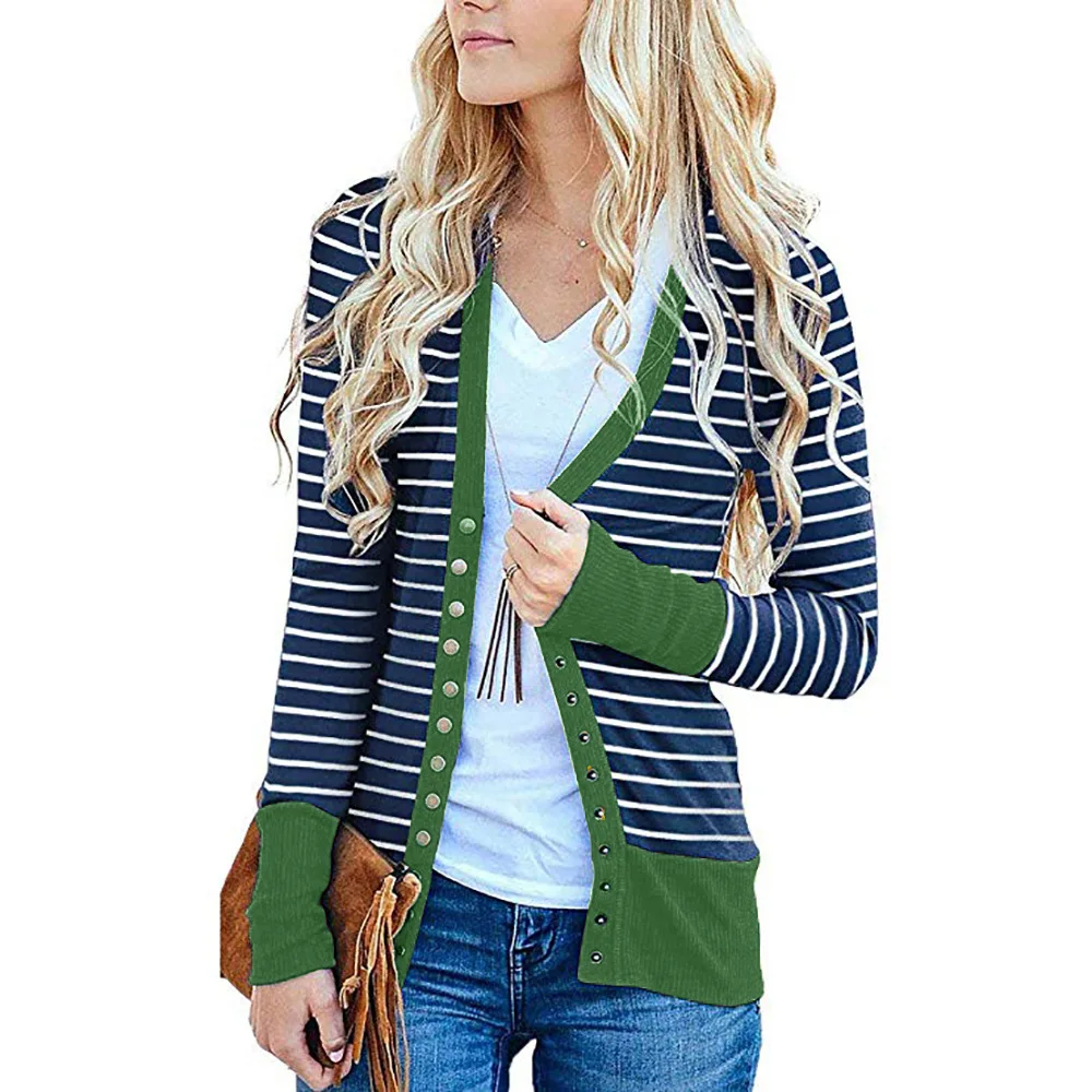 Cardigan single breasted stripe color long sleeve coat woman