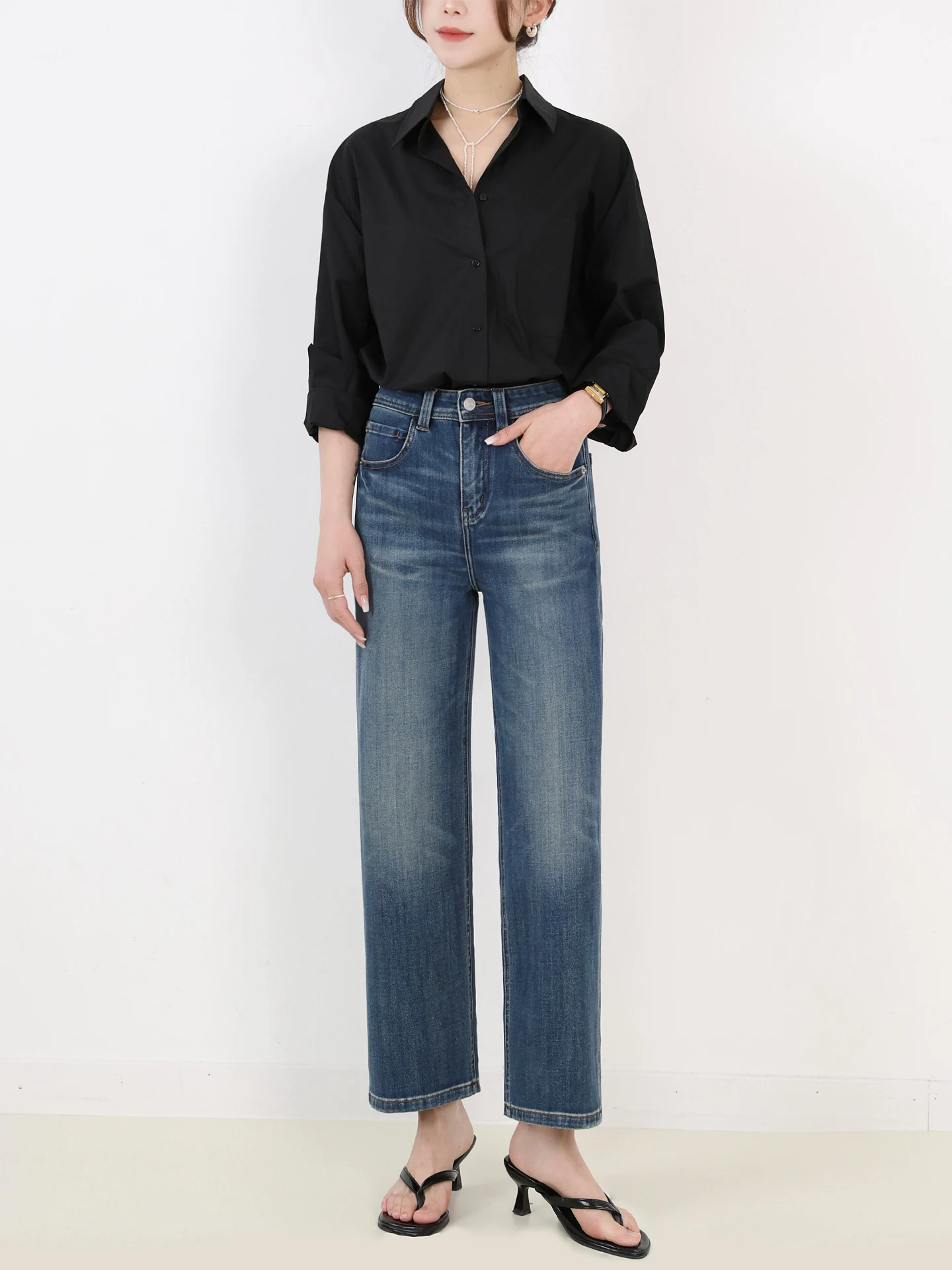 

High Waist Stretchy Straight Leg Jeans Women's 2026 Spring New Sle Slimming Ankle-Length Retro Cotton Denim Casual Wear