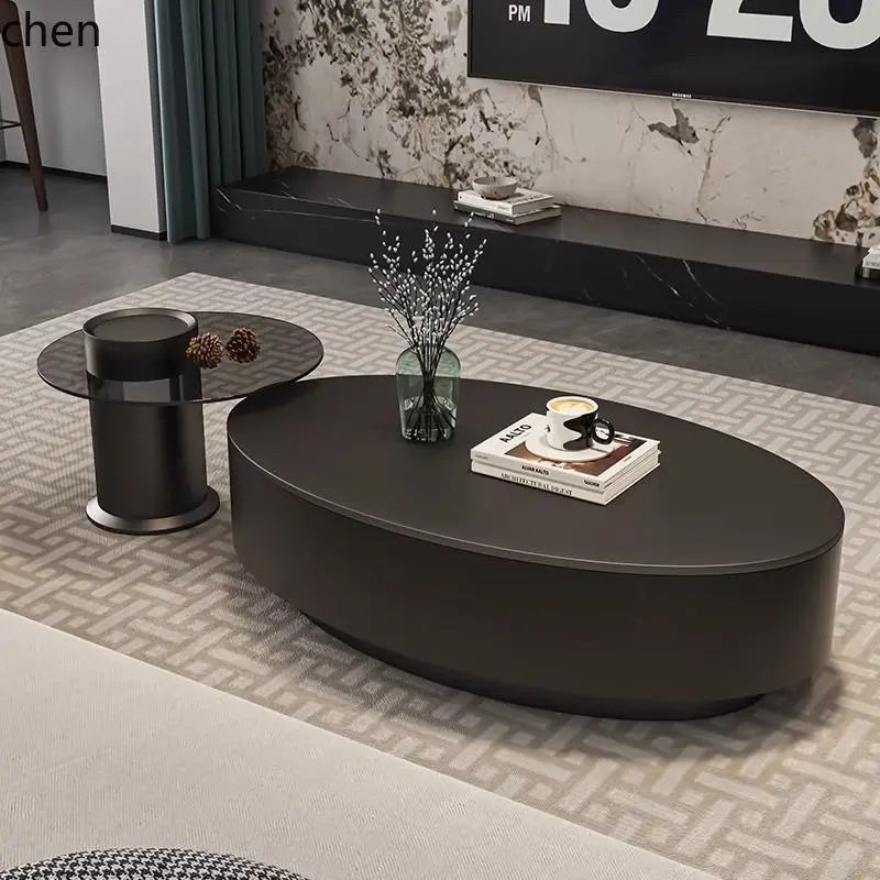 HT Oval Coffee Table Modern Simple Rock Slab Waist-Shaped Coffee Table for Living Room Home Minimalist Style