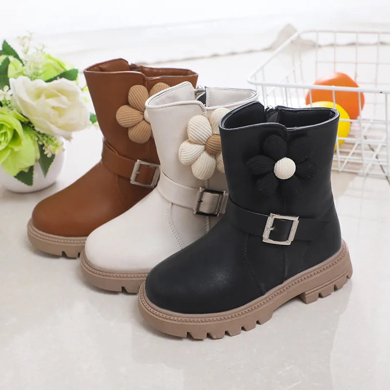 Girls Ankle Boots 2024 New Kids Fashion Buckle Design Leather Boots Waterproof Non-slip Children Princess High Top Knight Boots