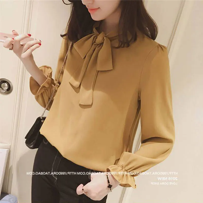 Women\'s Long Sleeve Shirts Korean Fashion Simplicity Solid Color Lacing Bow Temperament All-match Casual Loose Tops Spring