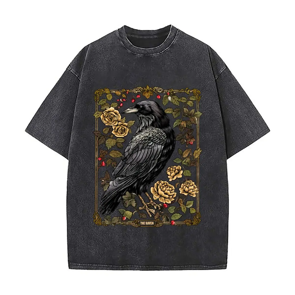 The Raven Gothic Botanical Roses Berries Ornate Frame Design Washed Short Sleeve Loose Streetwear Tee Hip Hop
