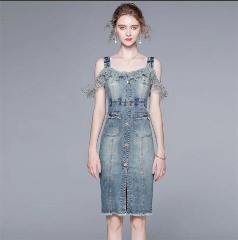 2023 Summer New Fashion Wave Net Yarn Falbala Splicing Condole Cowboy Dress Is Female