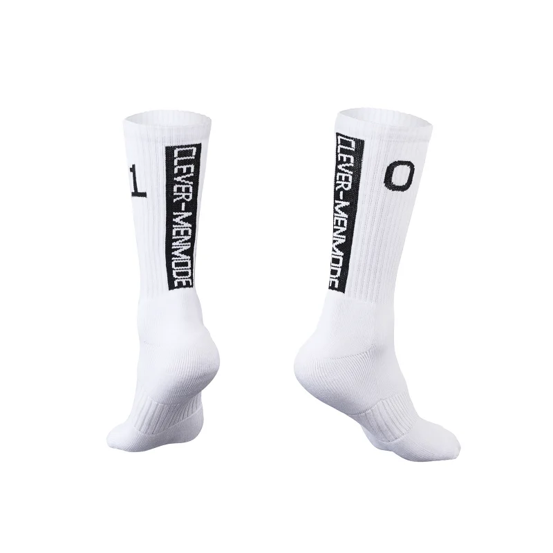 Chaussettes de sport pour hommes, course à pied, fitness, gauche 1 droite 0, en coton blanc, longues, extensibles, respirantes, mi-mollet, tendance