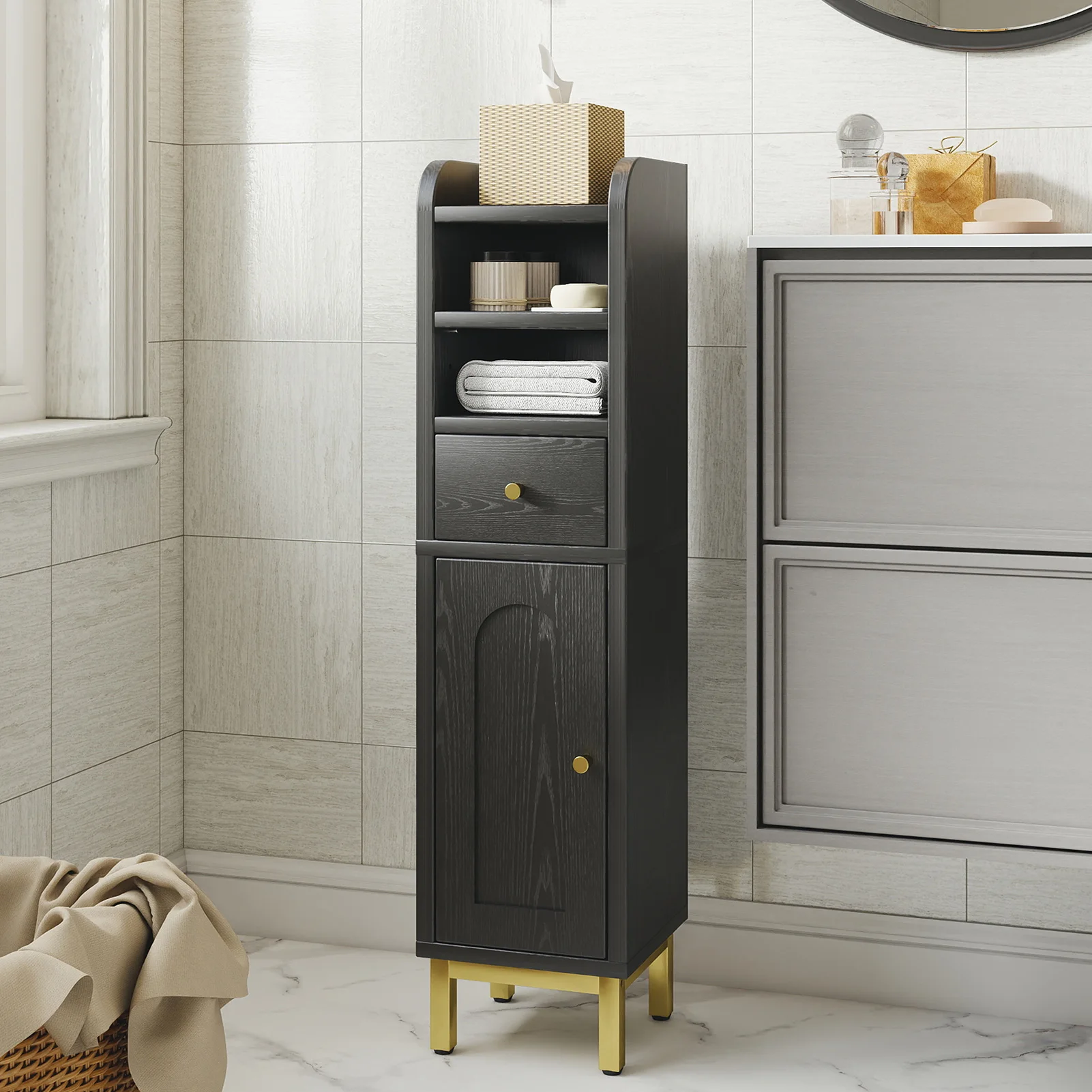 

NEW Bathroom Storage Cabinet Modern Corner Floor Cabinet Small Storage Organizer Stand Drawer and Door Adjustable Shelf Black