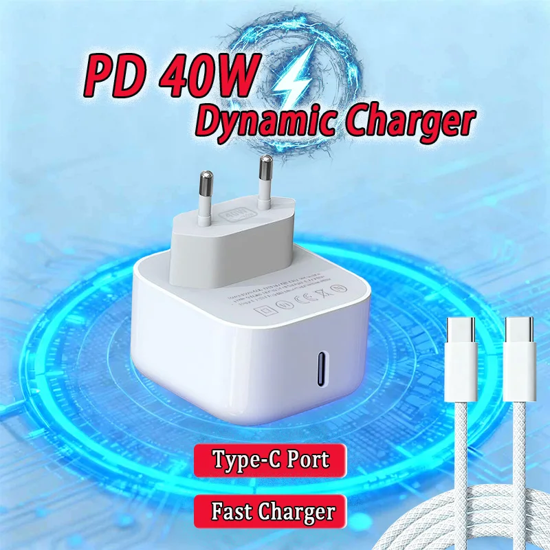 PD 40W Fast Charger For iPhone 17 16 15 14 13 12 11 Pro Max For Samsung Type C Quick Charging Cable EU US UK Pulg Charge Adapter