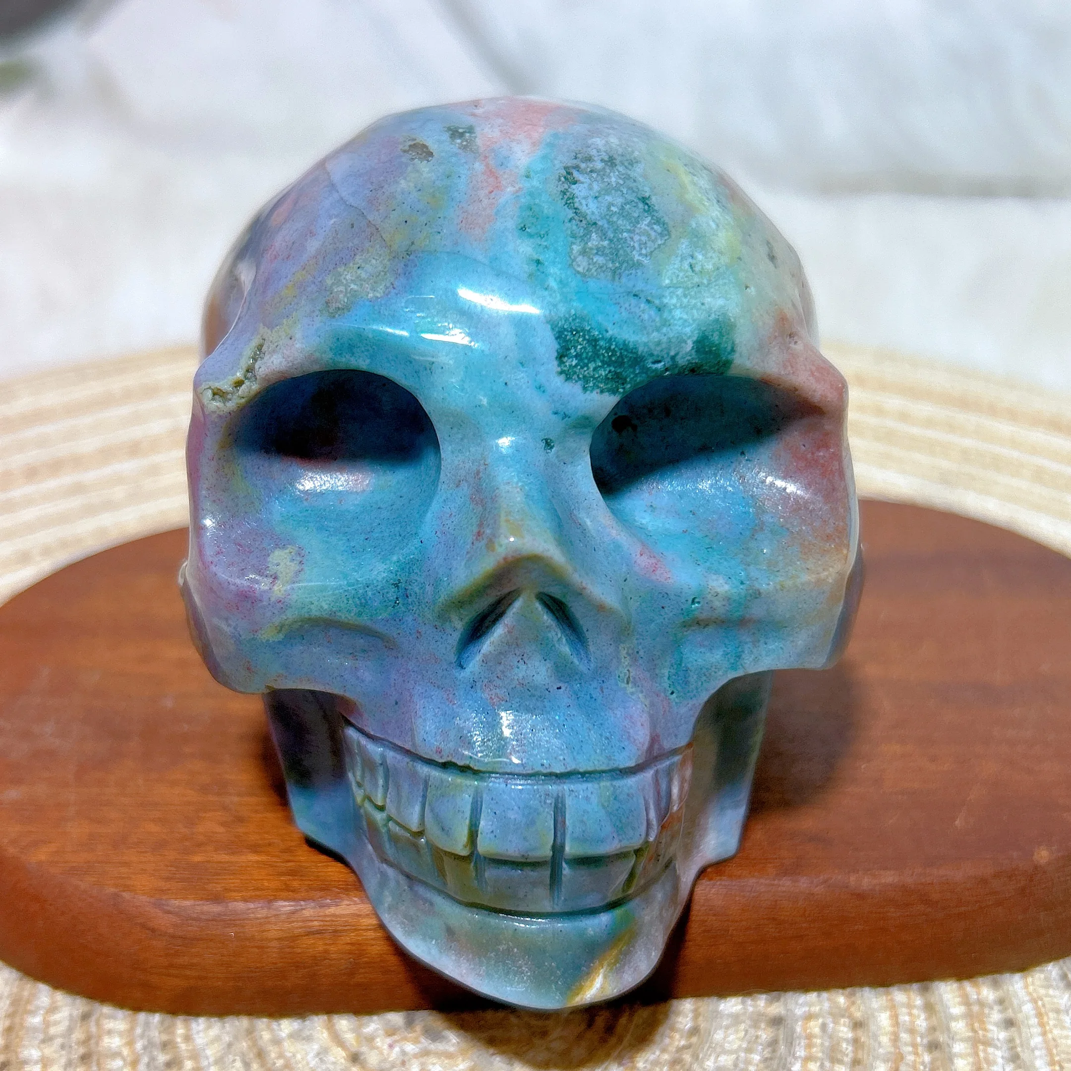

Healing Natural Crystal Ocean Jasper Druzy Skull Carving Colorful High Quality Reiki Gemstone Home Decoration Room Decor Gift