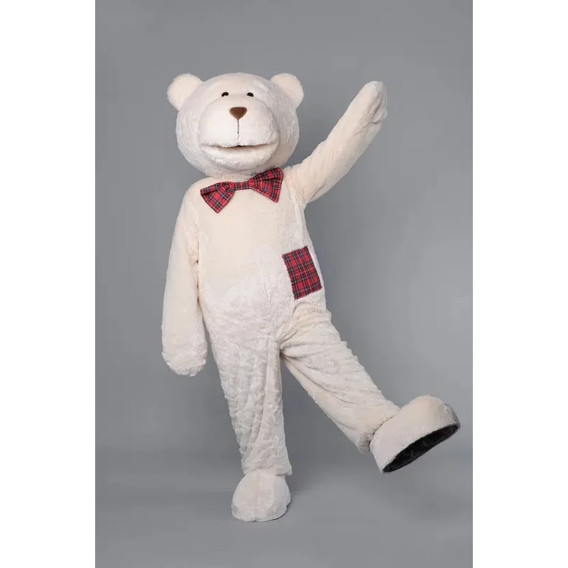 Branco longo cabelos urso mascote traje, roupas adultas, alta qualidade