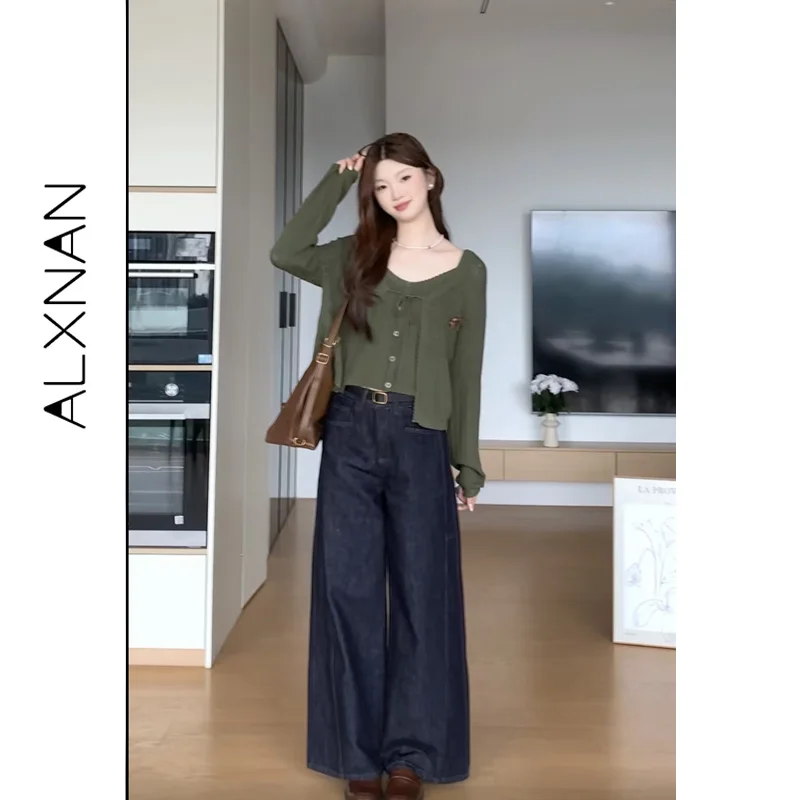 ALXNAN Blue Jeans High Waist Draped Straight Wide Leg Denim Pants Vintage Elegant Ladies Female Casual Clothing 2026 DYL662972