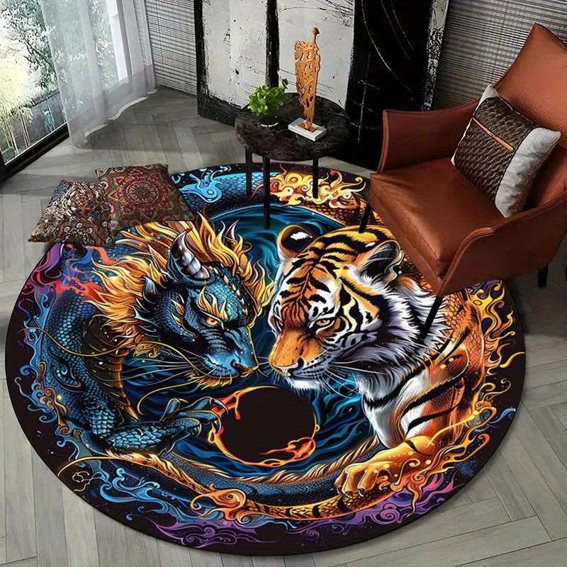Oriental Dragon Tiger Round Mat Vibrant Yin Yang Myth Creature Chinese Art Circular Decor Rug for Entryway Living Space Decor