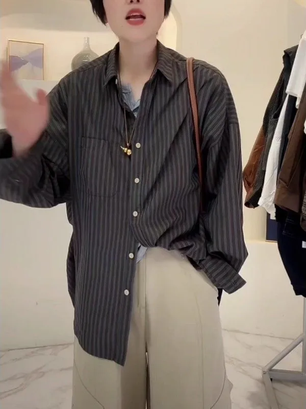 

plus Size 300 Pounds 2026 Early Spring New Casual Striped Shirt Korean Style Men Women Top Breathable Long Sleeve Button up