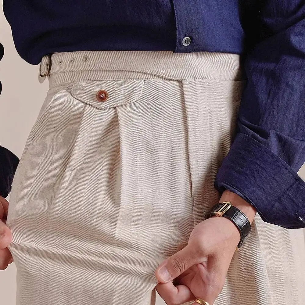 

Летние итальянские льняные брюки в неаполитанском стиле для мужчин, легкие, с двойными складками, прямого кроя, для делового и повседневного стиля, мужские классические брюки