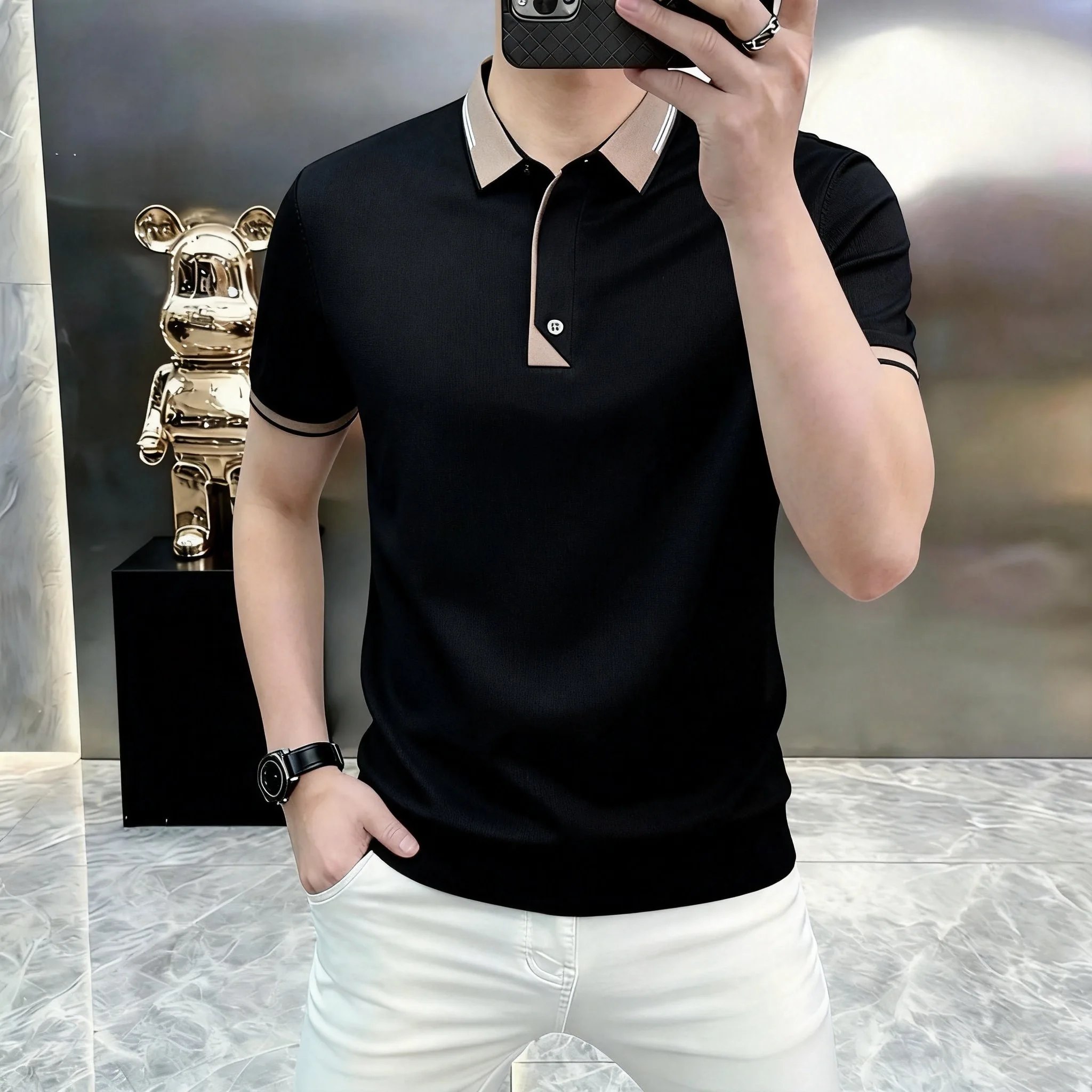 Summer New Style Men's Polo Shirt with Printed Collar and Short Sleeve T-Shirt- Fashionable